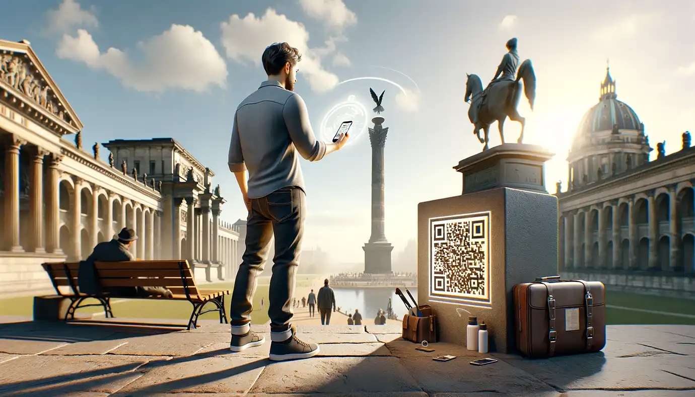 A tourist scanning a generated QR code on a landmark